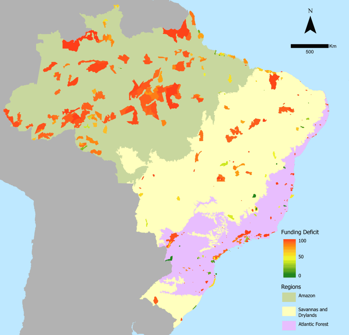Distribution of federal protected areas (n = 300) across Brazil’s three main ecological regions: Amazon, Savannas and Drylands and Atlantic Forest. Figure from Cunha et al (2026)