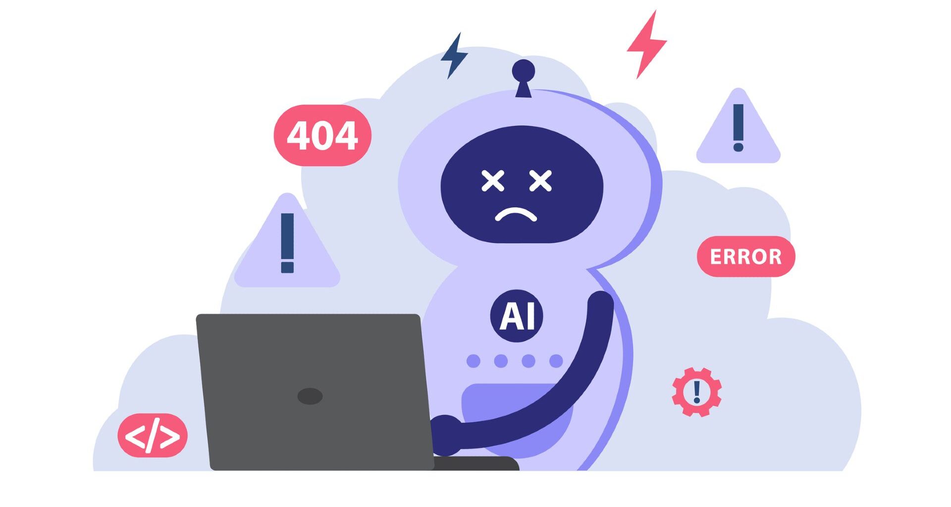A cartoon of a robot with the word "AI' on its chest sits behind a laptop with various error codes floating around it.
