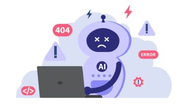 A cartoon of a robot with the word "AI' on its chest sits behind a laptop with various error codes floating around it.