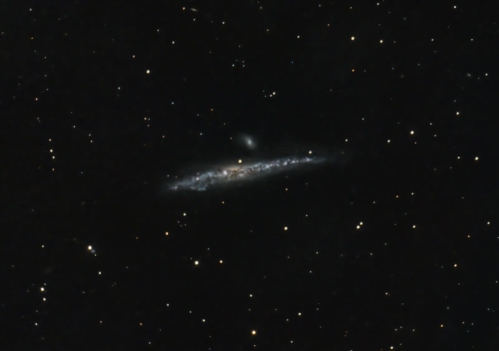 A telescopic photograph of the Whale Galaxy (NGC 4631), an edge-on spiral galaxy appearing as a long, thin streak of blue and white light with a bright, mottled core, set against a black sky filled with foreground stars. A smaller companion galaxy is visible just above the main galaxy near the center of the image.