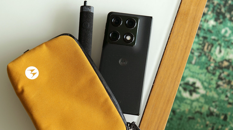 The back of the blackened blue Razr Fold features a unique 