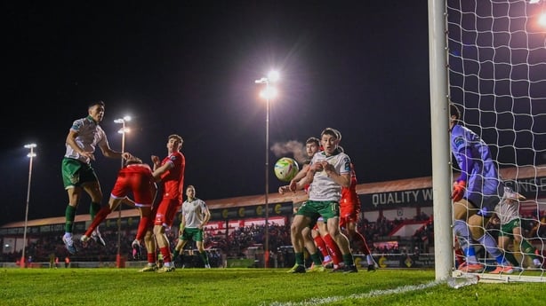 Max Mata of St Patrick's Athletic, left, scores his side's third goal despite the efforts of Evan Caffrey of Shelbourne during the SSE Airtricity Men's Premier Division match between Shelbourne and St Patrick's Athletic at Tolka Park in Dublin. Photo by Sam Barnes/Sportsfile
