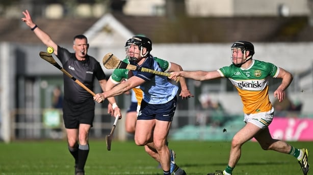 18 April 2026; Dónal Burke of Dublin in action against Cathal King, right, and Dan Ravenhill of Offaly during the Leinster GAA Senior Hurling Championship Round 1 match between Offaly and Dublin at Glenisk O'Connor Park in Tullamore, Offaly. Photo by Sam Barnes/Sportsfile