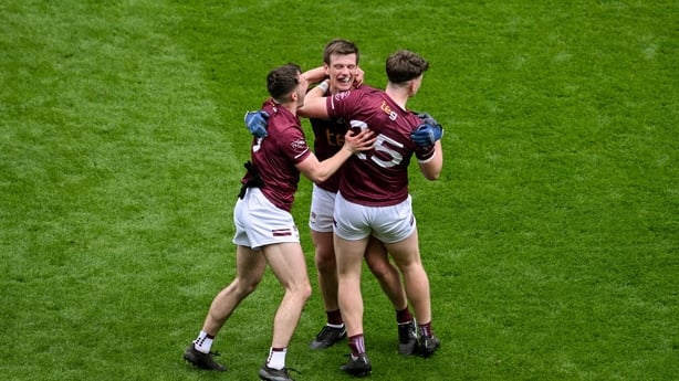 Dublin , Ireland - 17 May 2026; Westmeath players, left to right, Matthew Whittaker, John Heslin, and Senan Baker, celebrate after the Leinster GAA Football Senior Championship final match between Dublin and Westmeath at Croke Park in Dublin. (Photo By Daire Brennan/Sportsfile via Getty Images)