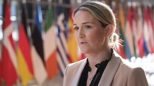Minister for Foreign Affairs and Trade Helen McEntee talks to media prior the start of an EU foreign Affairs Ministers meeting on Trade