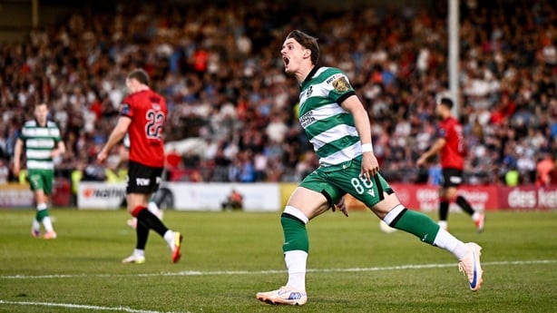25 May 2026; John McGovern of Shamrock Rovers celebrates after scoring his side's first goal during the SSE Airtricity Men's Premier Division match between Bohemians and Shamrock Rovers at Dalymount Park in Dublin. Photo by Ben McShane/Sportsfile