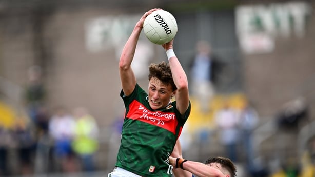 31 May 2026; Kobe McDonald of Mayo catches the last kick-out before kicking the ball out of play to end the GAA Football All-Ireland Senior Championship Round 1 match between Monaghan and Mayo at St Tiernach's Park in Clones, Monaghan. Photo by Piaras Ó Mídheach/Sportsfile