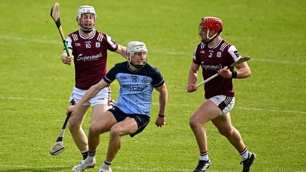 16 May 2026; David Purcell of Dublin in action against John Fleming, left, and Ronan Glennon of Galway during the Leinster GAA Senior Hurling Championship Round 4 match between Galway and Dublin at Pearse Stadium in Galway. Photo by Piaras Ó Mídheach/Sportsfile