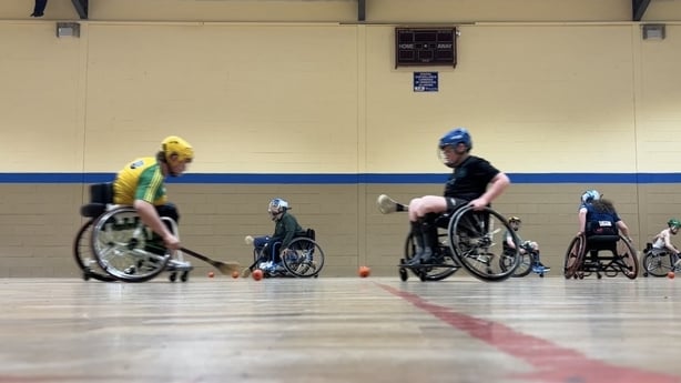 People take part in wheelchair hurling at the Millennium Centre in Caherconlish, Co Limerick