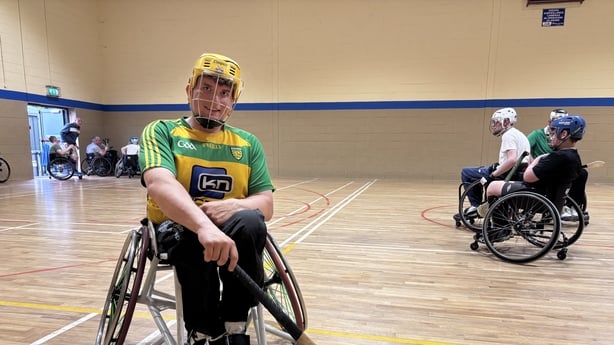 Maurice Noonan, Ballingarry, Co Limerick takes part in wheelcahir hurling