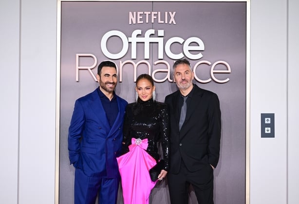 LONDON, ENGLAND - JUNE 03: (L-R) Brett Goldstein, Jennifer Lopez and Ol Parker attend the 'Office Romance' Netflix UK Premiere on June 03, 2026 in London, England. (Photo by Antony Jones/Getty Images for Netflix)