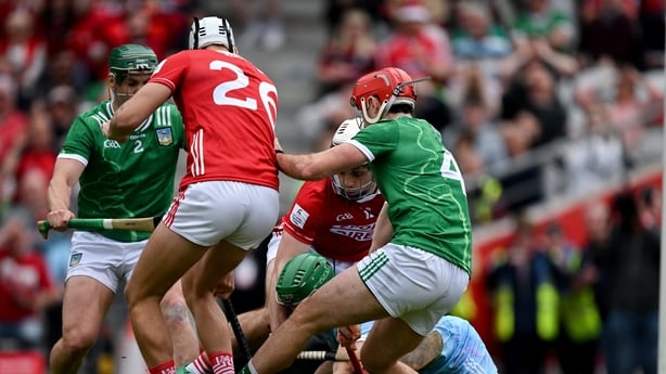 26 April 2026; Limerick goalkeeper Nickie Quaid, with support from Sean Finn and Barry Nash, 4, tries to grab the sliotar under pressure from Alan Walsh, 26, and Barry Walsh of Cork during the Munster GAA Senior Hurling Championship Round 2 match between Cork and Limerick at SuperValu Páirc Uí Chaoi