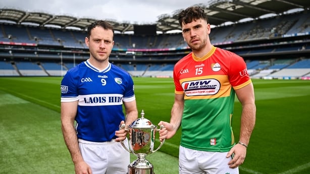 3 June 2026; Laois hurler Aidan Corby, left, and Carlow hurler Chris Nolan with the Joe McDonagh Cup a media event at Croke Park in Dublin ahead of the Leinster GAA Senior Hurling & Joe McDonagh Cup Finals this weekend. Photo by Ben McShane/Sportsfile