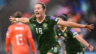 5 June 2026; Kyra Carusa of Republic of Ireland celebrates after scoring her side's first goal during the 2027 FIFA Women’s World Cup Qualifier match between Republic of Ireland and the Netherlands at SuperValu Páirc Uí Chaoimh in Cork. Photo by Stephen M