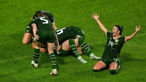 5 June 2026; Marissa Sheva of Republic of Ireland, right, celebrates her side's third goal, scored by teammate Amber Barrett, hidden, during the 2027 FIFA Women's World Cup Qualifier match between Republic of Ireland and the Netherlands at SuperValu Páirc Uí Chaoimh in Cork. Photo by Brendan Moran/S