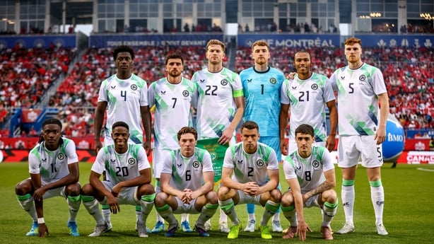 The Republic of Ireland team, back row, from left, James Abankwah, Troy Parrott, Nathan Collins, goalkeeper Mark Travers, Corrie Ndaba, and Jake O'Brien, front row, from left, Jaden Umeh, Chiedozie Ogbene, Conor Coventry, Seamus Coleman, and Dawson Devoy, before the international friendly match betw