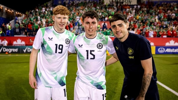 Republic of Ireland's debutants, from left, Adam Brennan, Kian Leavy, and Dawson Devoy after the international friendly match between Canada and Republic of Ireland at Stade Saputo in Montreal, Canada.