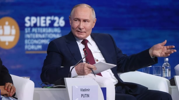 Russian President Vladimir Putin speeches during the plenary of the Saint Petersburg International Economic Forum SPIEF'26 on June 5, 2026 in Saint Petersburg, Russia. Russian President Vladimir Putin took part in the annual business forum on Friday. (Photo by Contributor/Getty Images)