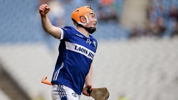 Cillian Dunne of Laois celebrates a late point during the Joe McDonagh Cup final match between Carlow and Laois at Croke Park in Dublin.