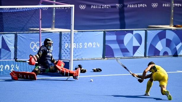 29 July 2024; Blake Govers of Team Australia scores his side's second goal, a penalty stroke, despite the efforts of Team Ireland goalkeeper David Harte during the men's pool B match between Team Ireland and Team Australia at the Yves-du-Manoir Stadium during the 2024 Paris Summer Olympic Games in P