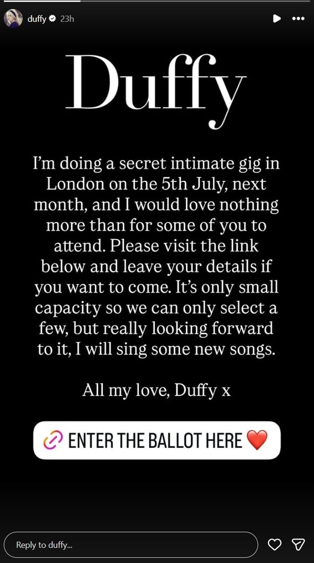 Screengrab taken from Instagram of a story on the account @duffy showing Welsh singer Duffy announcing she will perform new songs at a