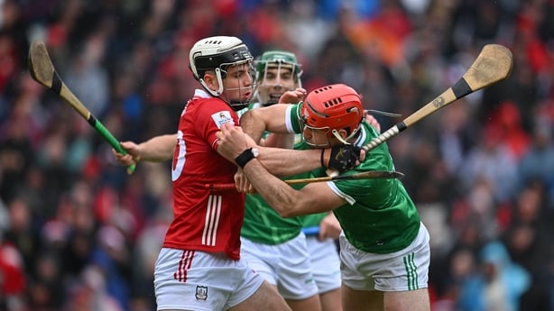 7 June 2026; Barry Nash of Limerick is tackled by Barry Walsh of Cork during the Munster GAA Senior Hurling Championship final match between Cork and Limerick at SuperValu Páirc Uí Chaoimh in Cork. Photo by Ray McManus/Sportsfile