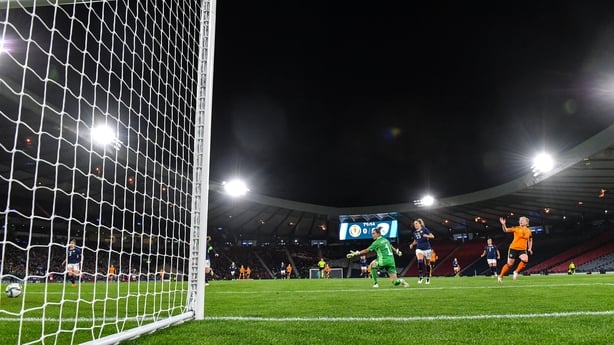 11 October 2022; Amber Barrett of Republic of Ireland scores her side's goal past Scotland goalkeeper Lee Alexander during the FIFA Women's World Cup 2023 Play-off match between Scotland and Republic of Ireland at Hampden Park in Glasgow, Scotland. Photo by Stephen McCarthy/Sportsfile