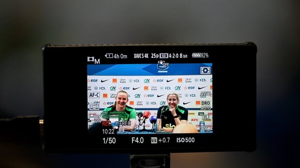 8 June 2026; Goalkeeper Courtney Brosnan and head coach Carla Ward during a Republic of Ireland women's training session at Stade des Alpes in Grenoble, France. Photo by Stephen McCarthy/Sportsfile