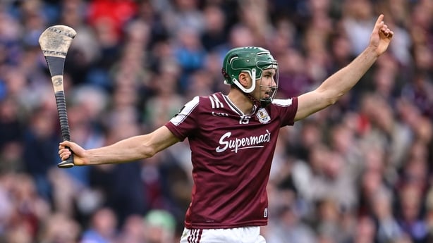 6 June 2026; Aaron Niland of Galway celebrates after scoring his side's second goal, a penalty, during the Leinster GAA Senior Hurling Championship final match between Galway and Dublin at Croke Park in Dublin. Photo by Ramsey Cardy/Sportsfile