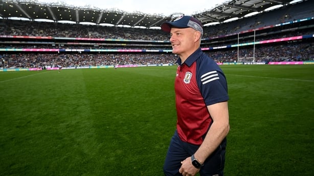 6 June 2026; Galway manager Micheál Donoghue celebrates after the Leinster GAA Senior Hurling Championship final match between Galway and Dublin at Croke Park in Dublin. Photo by Ramsey Cardy/Sportsfile