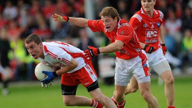 19 July 2008; Tommy McGuigan, Tyrone, in action against Benny McArdle, Louth. GAA Football All-Ireland Senior Championship Qualifier - Round 1, Louth v Tyrone, Drogheda, Co. Louth. Picture credit: Brian Lawless / SPORTSFILE
