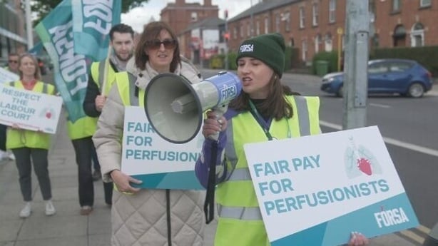 Perfusionists are pictured on the picket line outside the Mater Hospital in Dublin