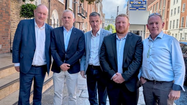 Jason Clancy, Barry Murphy, Colin Power, Kevin Keating, and Paul Walsh outside Buswells' Hotel in Dublin