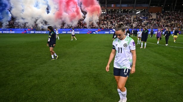 9 June 2026; Katie McCabe of Republic of Ireland reacts after the 2027 FIFA Women's World Cup Qualifier match between France and Republic of Ireland at Stade des Alpes in Grenoble, France. Photo by Stephen McCarthy/Sportsfile