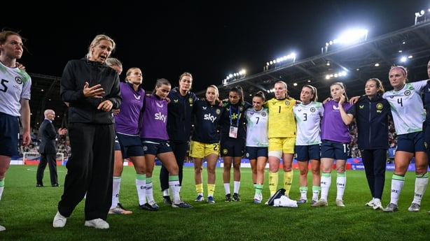 Republic of Ireland head coach Carla Ward speaks to her team after the 2027 FIFA Women's World Cup Qualifier match between France and Republic of Ireland at Stade des Alpes in Grenoble, France.