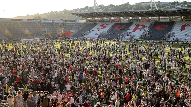 8 July 2025; Supporters run onto the pitch after the Cork Super Cup match between Cork City and Celtic FC at SuperValu Páirc Uí Chaoimh in Cork. Photo by Thomas Flinkow/Sportsfile