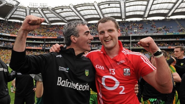 Jim McGuinness celebrates with captain Michael Murphy after the 2012 win over Cork