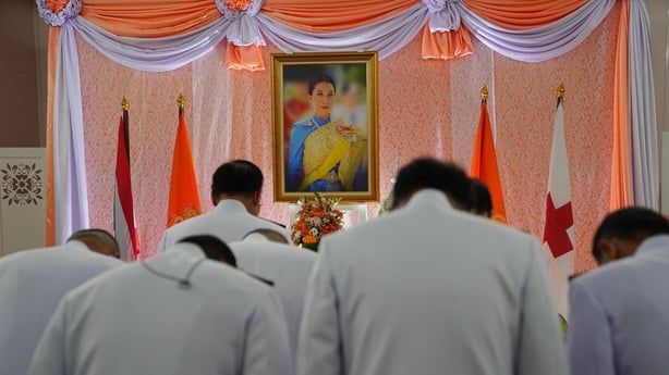 Officials pay their respects in front of a picture of Thailand's Princess Bajrakitiyabha as she has been hospitalized due to a heart condition at Chulalongkorn hospital on December 16, 2022, in Bangkok, Thailand. (Photo by Vachira Vachira/NurPhoto via Getty Images)