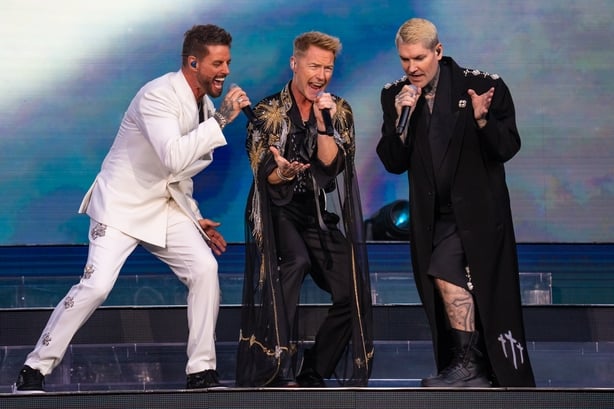 Keith Duffy, Ronan Keating, and Shane Lynch of Boyzone perform during Two for the Road: Live at Emirates Stadium at Emirates Stadium on 5 June, 2026 in London. (Photo by Lorne Thomson/Redferns)