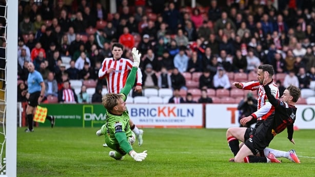 12 June 2026; Bohemians goalkeeper Paul Walters saves from Michael Duffy of Derry City during the SSE Airtricity Men's Premier Division match between Derry City and Bohemians at Find Insurance Celtic Park in Derry. Photo by Stephen McCarthy/Sportsfile