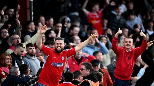 12 June 2026; Shelbourne supporters celebrate their side's second goal during the SSE Airtricity Men's Premier Division match between Shelbourne and Shamrock Rovers at Tolka Park in Dublin. Photo by David Fitzgerald/Sportsfile