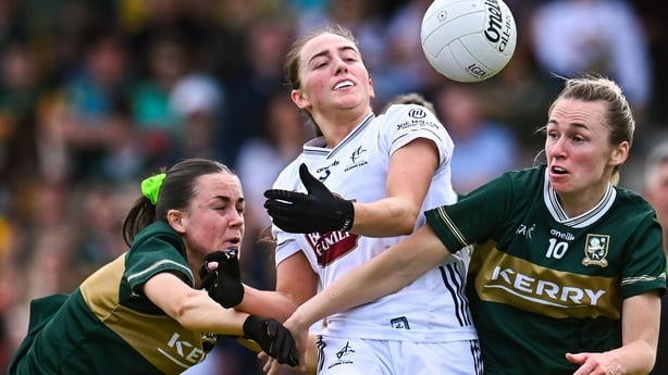13 June 2026; Gillian Wheeler of Kildare in action against Aoife Dillane, left, and Niamh Carmody of Kerry during the TG4 All-Ireland Senior Championship round 2 match between Kildare and Kerry at Cedral St Conleth's Park in Newbridge, Kildare. Photo by Piaras Ó Mídheach/Sportsfile 