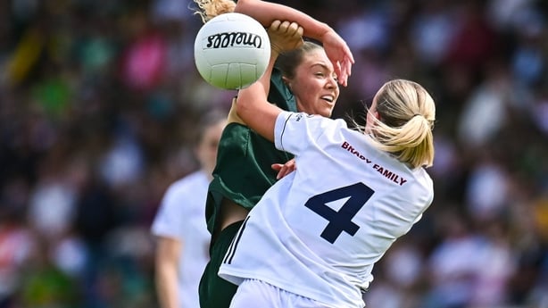 13 June 2026; Niamh Ni Chonchuir of Kerry in action against Lisa Shaw of Kildare during the TG4 All-Ireland Senior Championship round 2 match between Kildare and Kerry at Cedral St Conleth's Park in Newbridge, Kildare. Photo by Piaras Ó Mídheach/Sportsfile 