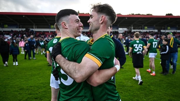 13 June 2026; Keith Curtis, left, and Cathal Hickey of Meath celebrate after the GAA Football All-Ireland Senior Championship Round 2B match between Derry and Meath at Find Insurance Celtic Park in Derry. Photo by Ben McShane/Sportsfile