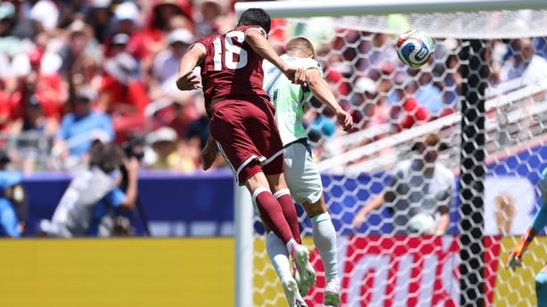 Boualem Khoukhi #16 of Qatar scores his team's first goal during the FIFA World Cup 2026 Group B match between Qatar and Switzerland at San Francisco Bay Area Stadium on June 13, 2026 in Santa Clara, California. (Photo by Alex Livesey - FIFA/FIFA via Getty Images)