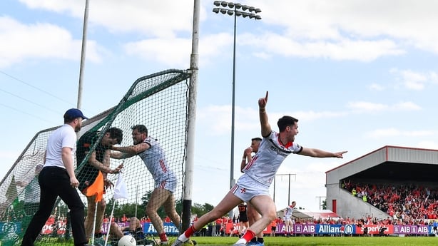  Conall McCaul of Louth celebrates after his side's winning goal, after the ball dropped into the net from the hands of Armagh goalkeeper Ethan Rafferty - 2026 All-Ireland SFC