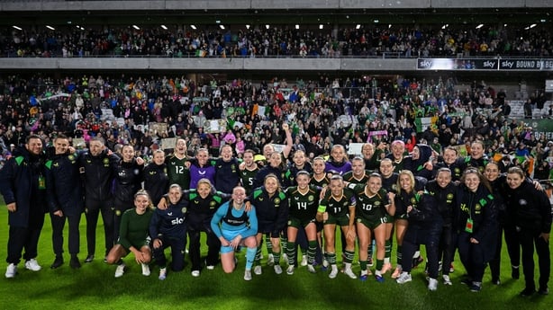 Republic of Ireland players and staff celebrate after the 2027 FIFA Women's World Cup Qualifier match between Republic of Ireland and the Netherlands at SuperValu Páirc Uí Chaoimh in Cork.