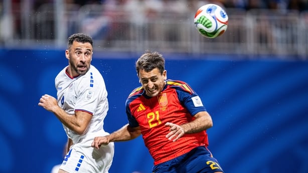 Mikel Oyarzabal of Spain (R) is tackled by Pico Roberto Lopes of Cabo Verde (L) during the FIFA World Cup 2026 Group H match between Spain and Cabo Verde at Atlanta Stadium on June 15, 2026 in Atlanta, Georgia