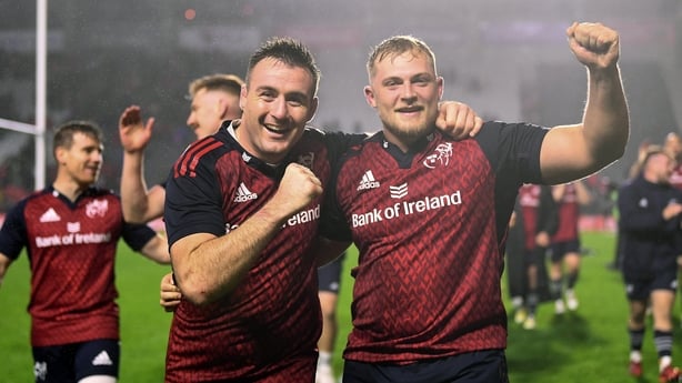 10 November 2022; Niall Scannell and Keynan Knox of Munster after their side's victory in the match between Munster and South Africa Select XV at Páirc Ui Chaoimh in Cork. Photo by Harry Murphy/Sportsfile