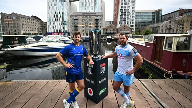 16 June 2026; Leinster captain Caelan Doris and Bulls captain Marcell Coetzee in attendance for the URC Grand Final Captain's Photocall at Grand Canal Dock in Dublin. Tickets are on sale at www.ticketmaster.ie, with kids' tickets available from €10 and entry to Hill 16 from €20. Photo by David Fitzg